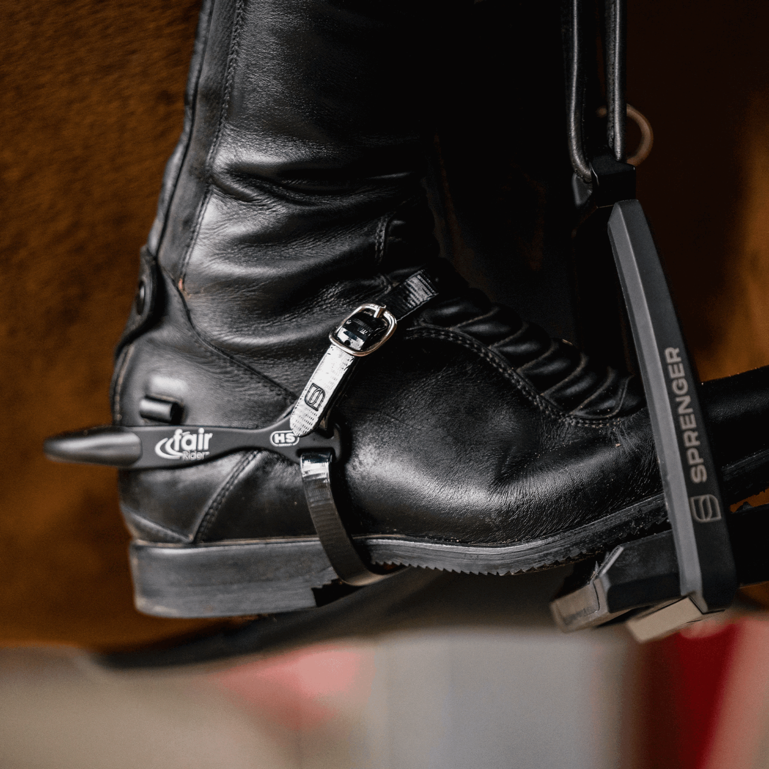 schwarzer Sporenriemen mit schwarzen Stiefeln und braunem Pferd