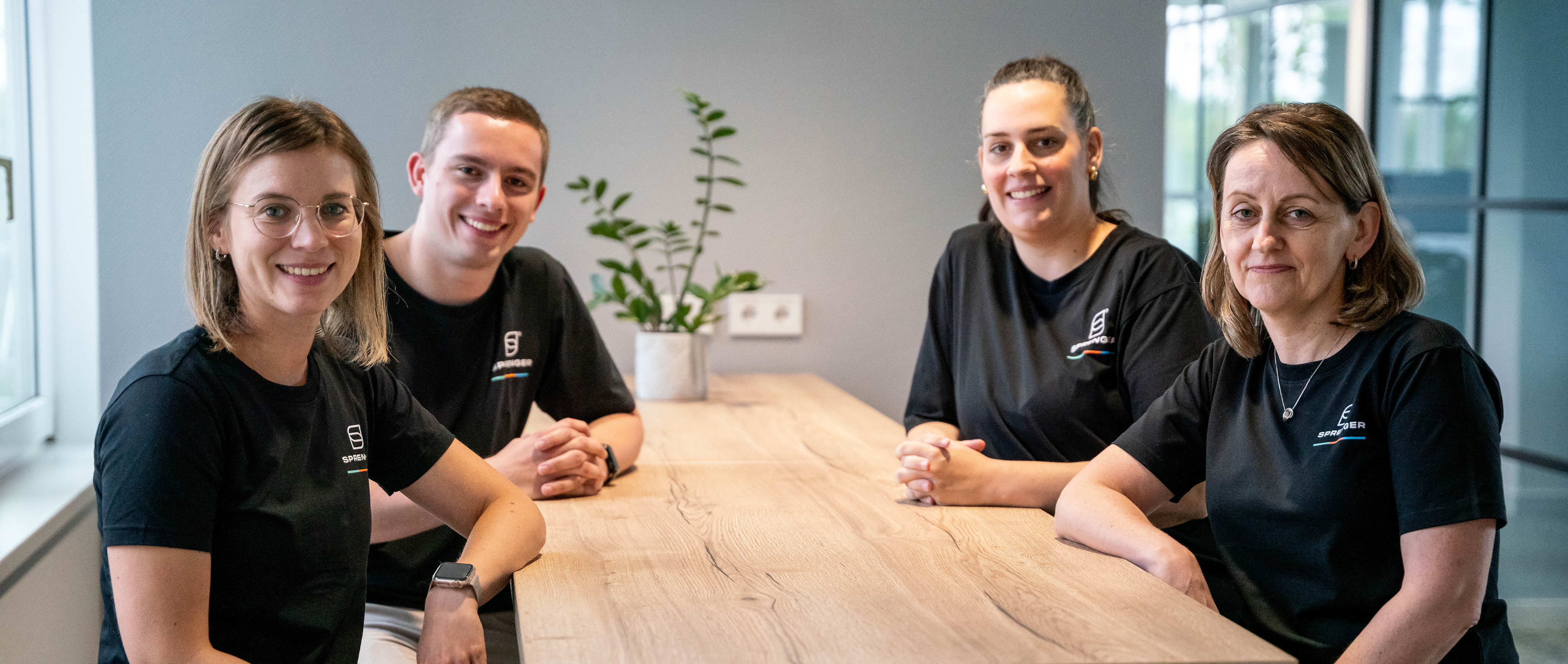 Die 4 Mitarbeiter des Sprenger-Personal-Teams sitzen um einen Tisch und lächeln in die Kamera