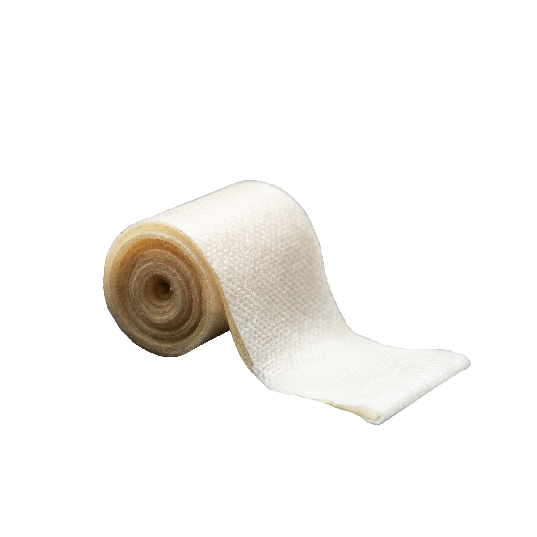 Eine Rolle elastisches Bandage, die auf einem weißen Hintergrund liegt. Die Bandage ist hellbeige und hat eine leicht strukturierte Oberfläche. Ein Ende der Bandage ist abgewickelt und zeigt die Flächenstruktur, während die Rolle teilweise aufgerollt bleibt.