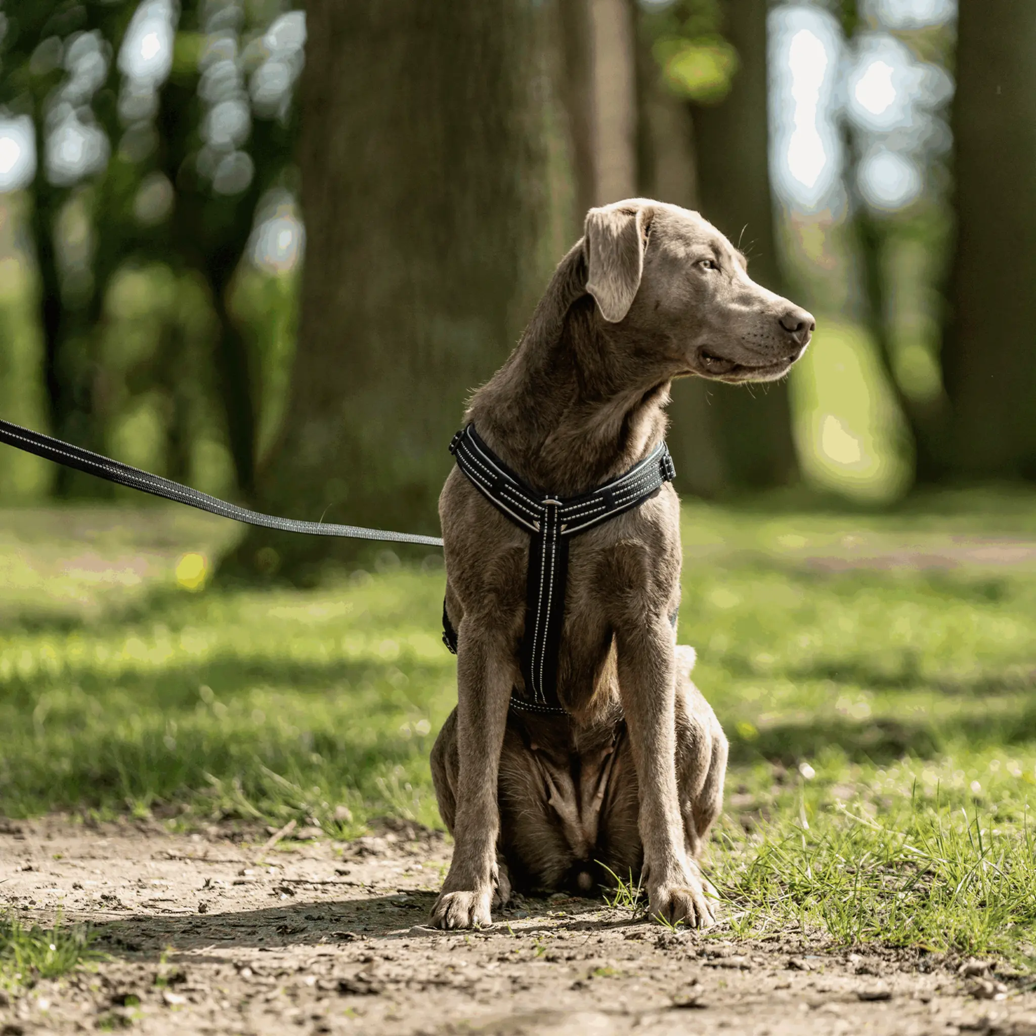 schöner braun-grauer Hund an der Leine mit seitlichem Kopf und Natur im Hintergrund