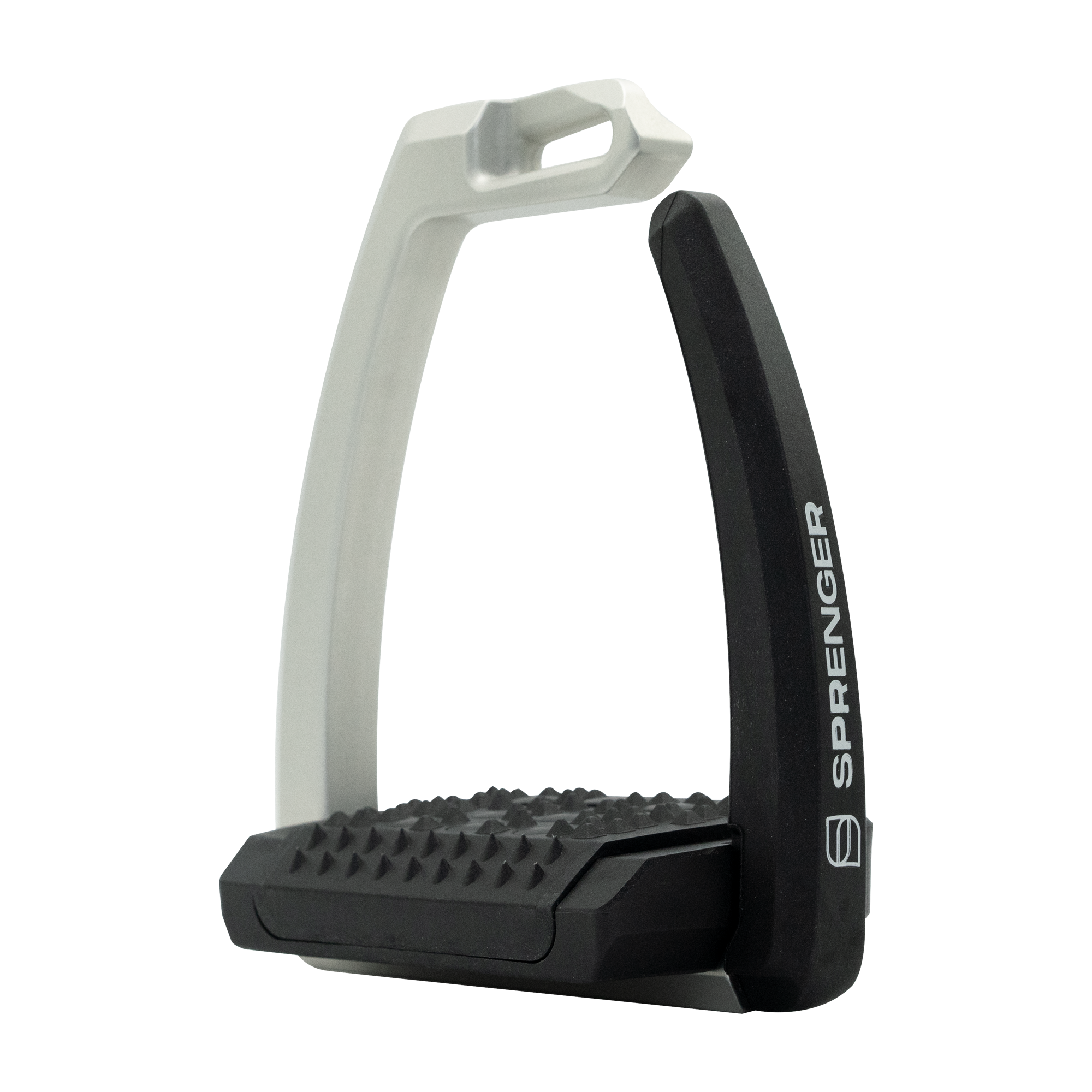 Abbildung eines Reitsteigbügels der Marke Sprenger. Der Steigbügel hat einen weißen Rahmen und eine schwarze, rutschfeste Sohle mit Noppen. Die Halterung ist aus leichtem Material gefertigt, um eine bequeme Nutzung beim Reiten zu gewährleisten.