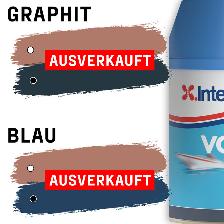 Übersicht über verfügbare Farben und Verfügbarkeiten eines Produkts. Die Farben Graphit und Blau sind mit dem Hinweis "Ausverkauft" hervorgehoben. Der Produktname "Inter" ist am rechten Rand sichtbar.