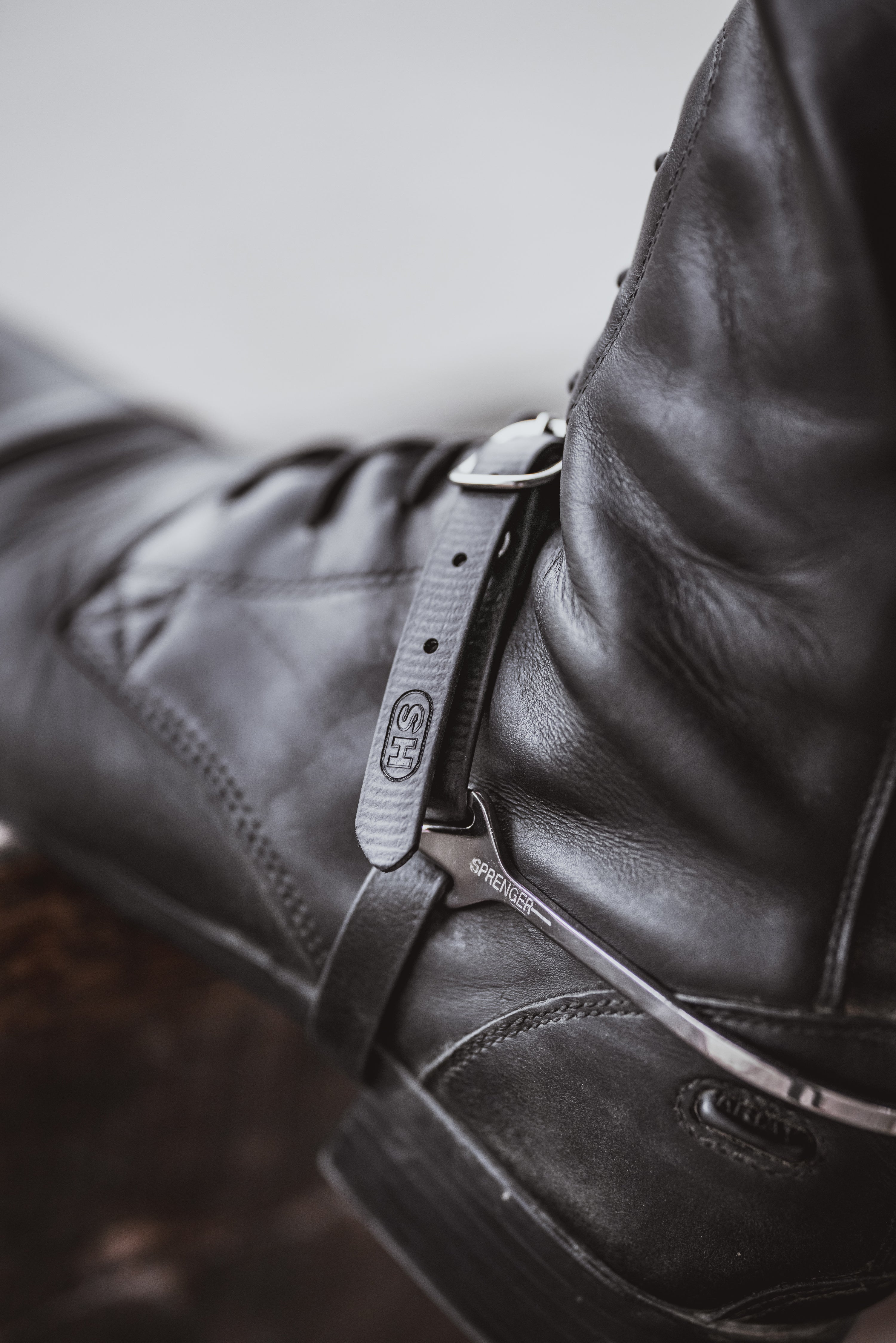 Biothane Sporenriemen schwarz Slimline am Schuh