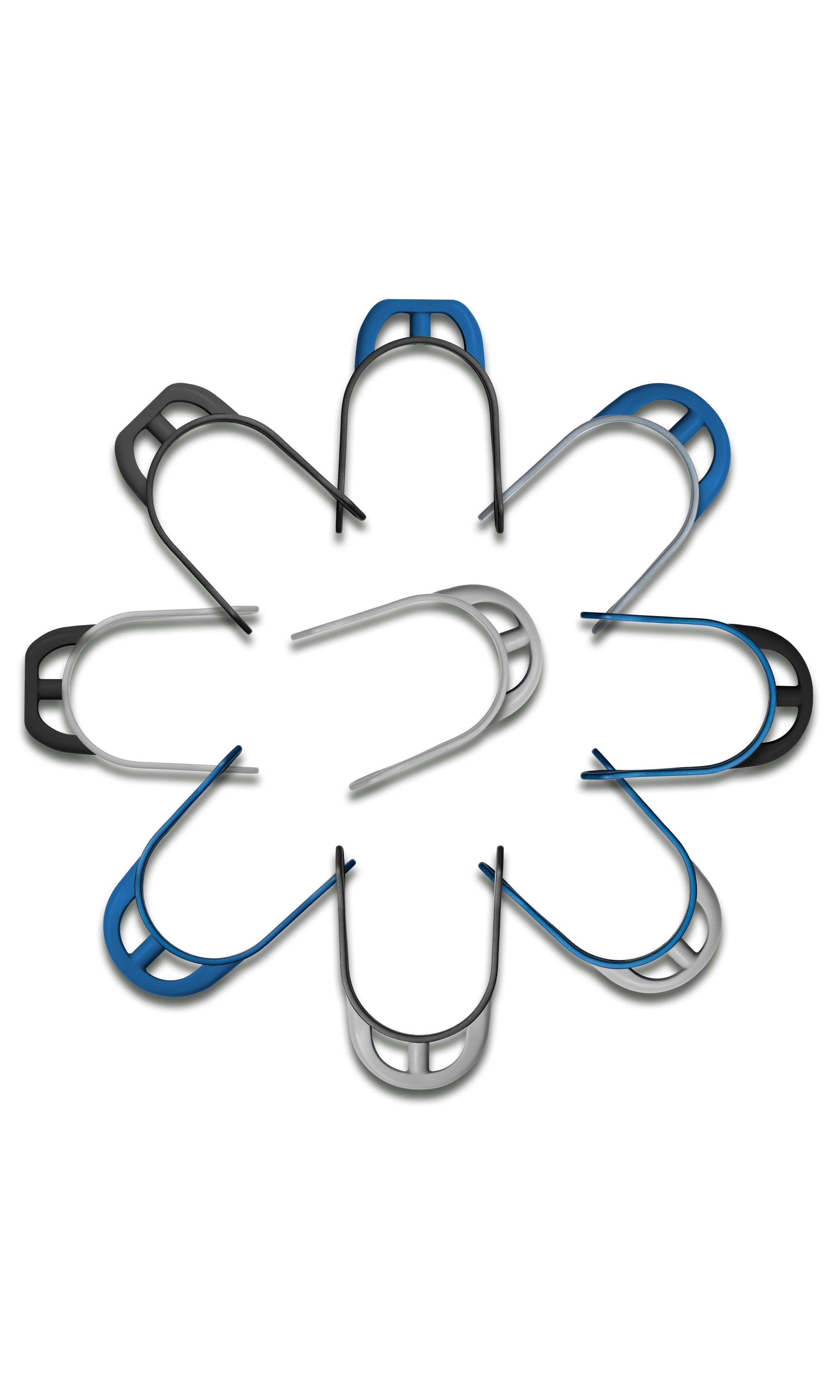 Eine Anordnung von neun Büroklammern in Form einer Blüte, die in verschiedenen Farben – Schwarz, Blau und Silber – gestaltet sind. Die Büroklammern sind symmetrisch angeordnet, wobei jede Klammer in einem leicht unterschiedlichen Winkel angeordnet ist, um einen dynamischen Effekt zu erzeugen. Der Hintergrund ist neutral, um den Fokus auf die Klammern zu lenken.