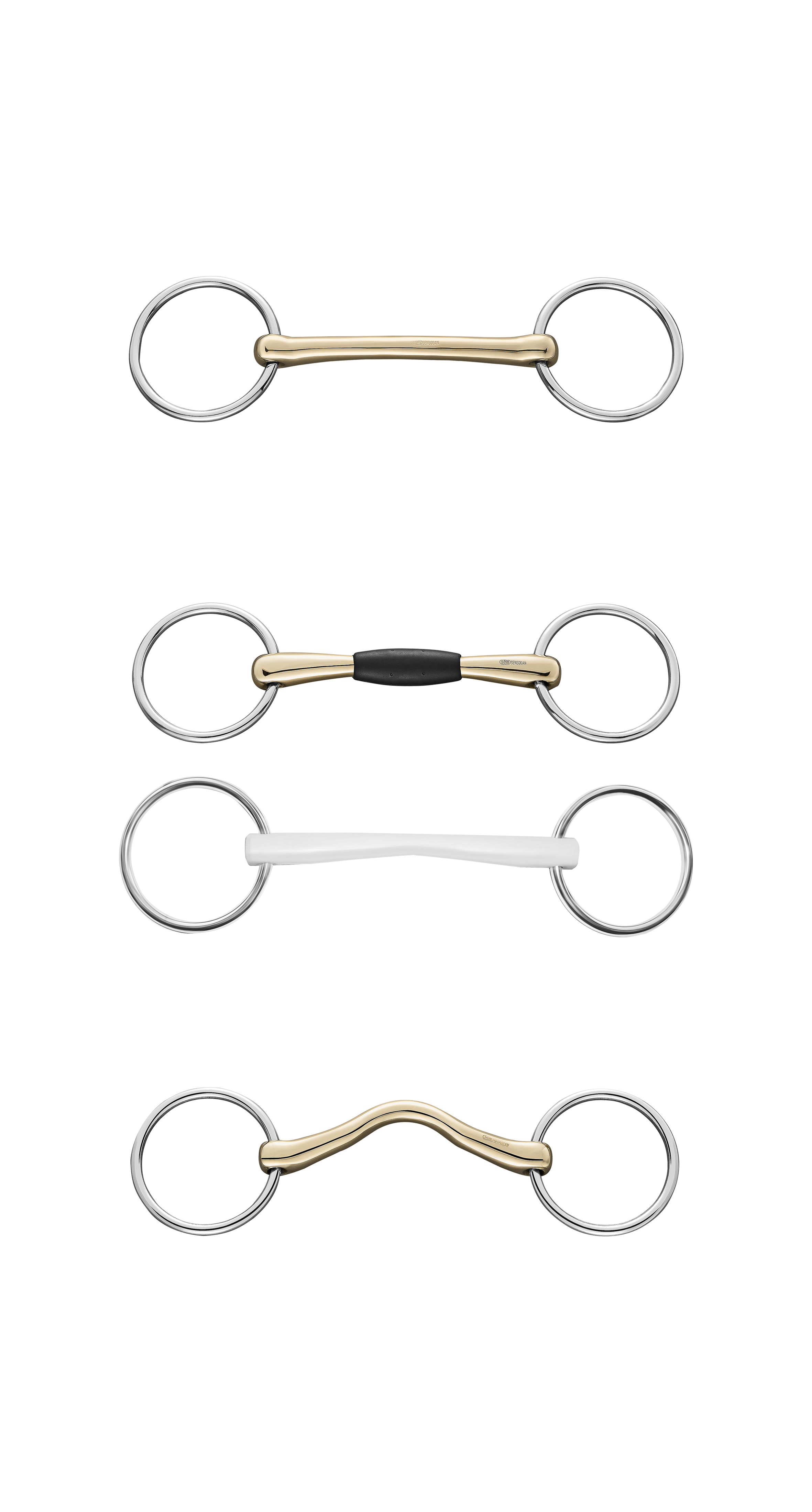 Vier verschiedene Metallverbinder mit Ringen, die übereinander angeordnet sind. Der oberste Verbinder ist glatt und goldfarben, der zweite ist mit einer schwarzen Mitte versehen, der dritte ist weiß und der unterste hat eine geschwungene Form in Gold.