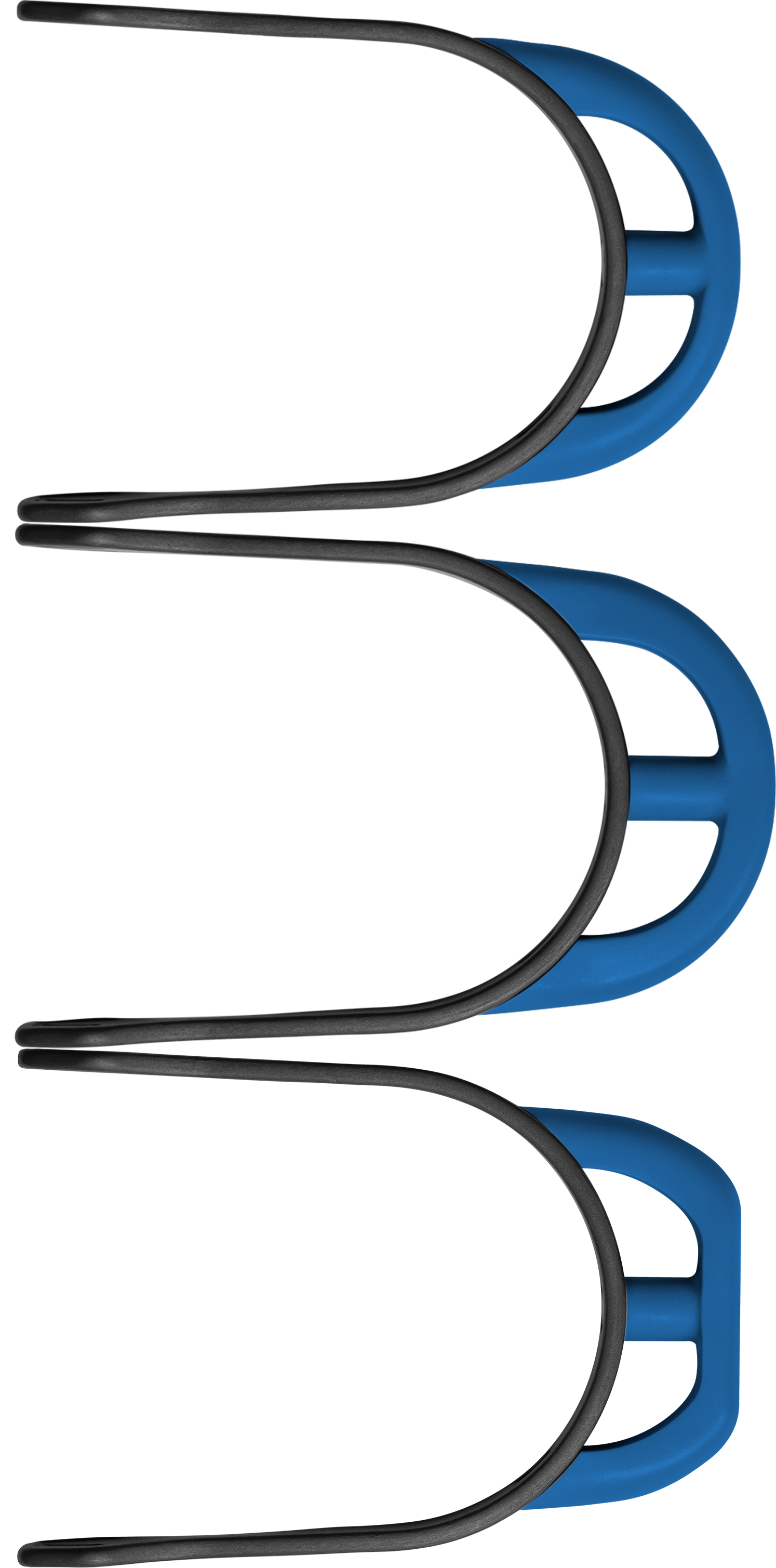 Drei identische Geräte mit einem halbkreisförmigen, blauen Griff und einem schwarzen, elastischen Körper sind übereinander angeordnet. Jedes Gerät hat eine offene Seite, die nach außen zeigt. Die Gestaltung ermöglicht eine einfache Handhabung und Nutzung, während die Farben für einen modernen Look sorgen.