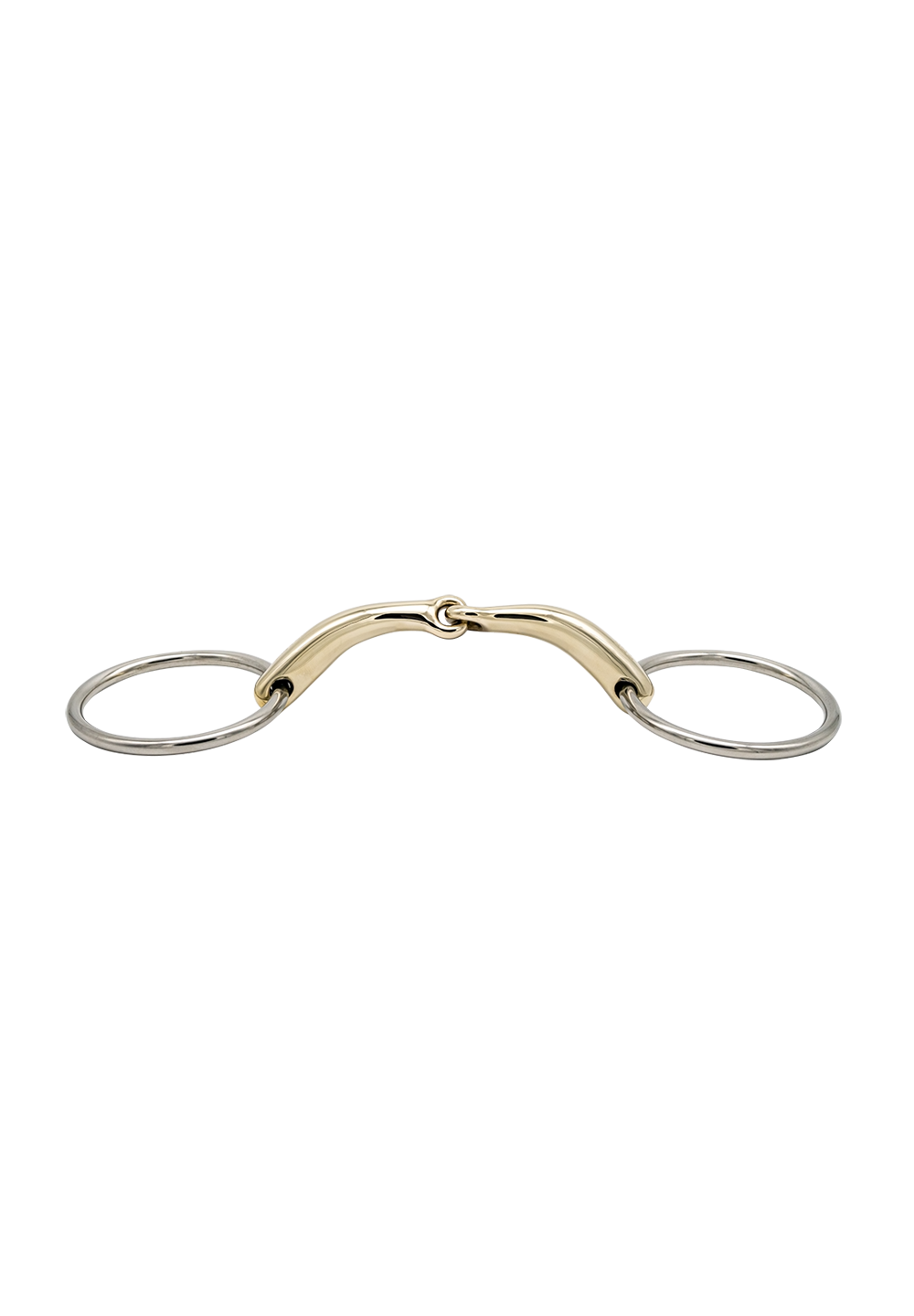 Sicht von oben auf ein elegantes Goldenes Gebiss mit zwei versilberten Ringen. Das Gebiss hat eine geschwungene Form und mittig eine kleine Verbindung, die die beiden Ringe miteinander verbindet. Der Hintergrund ist neutral und hebt das Produkt hervor.
