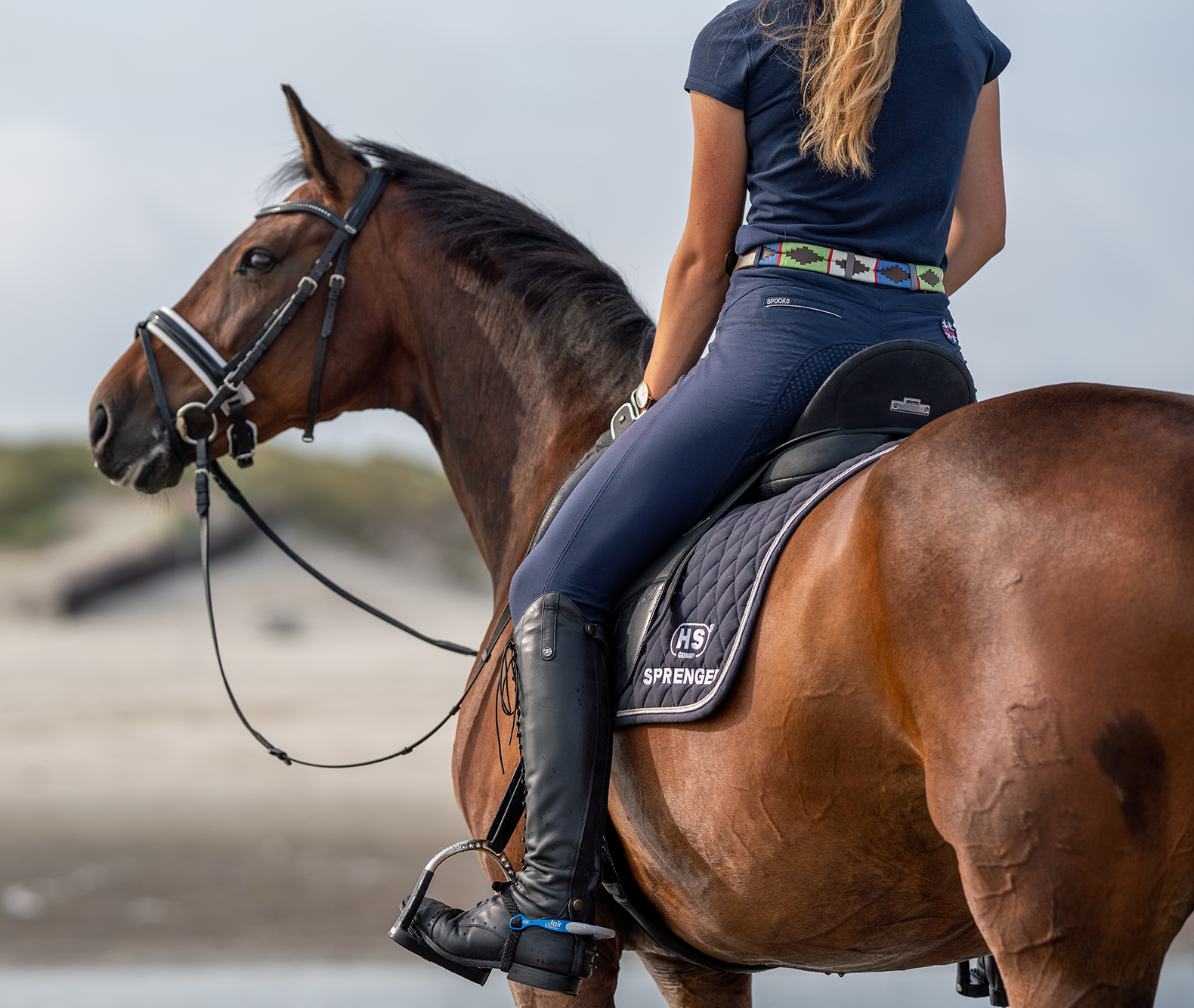 Eine Reiterin sitzt auf einem braunen Pferd am Strand. Das Pferd schaut zur Seite, während die Reiterin eine dunkelblaue Bluse und eng anliegende Reithosen trägt. Der Sattel ist mit einem dunkelblauen Pad ausgestattet, auf dem das Logo "Sprenger" zu sehen ist. Der Hintergrund zeigt eine sanfte Küstenlandschaft mit feinem Sand und bewölktem Himmel.