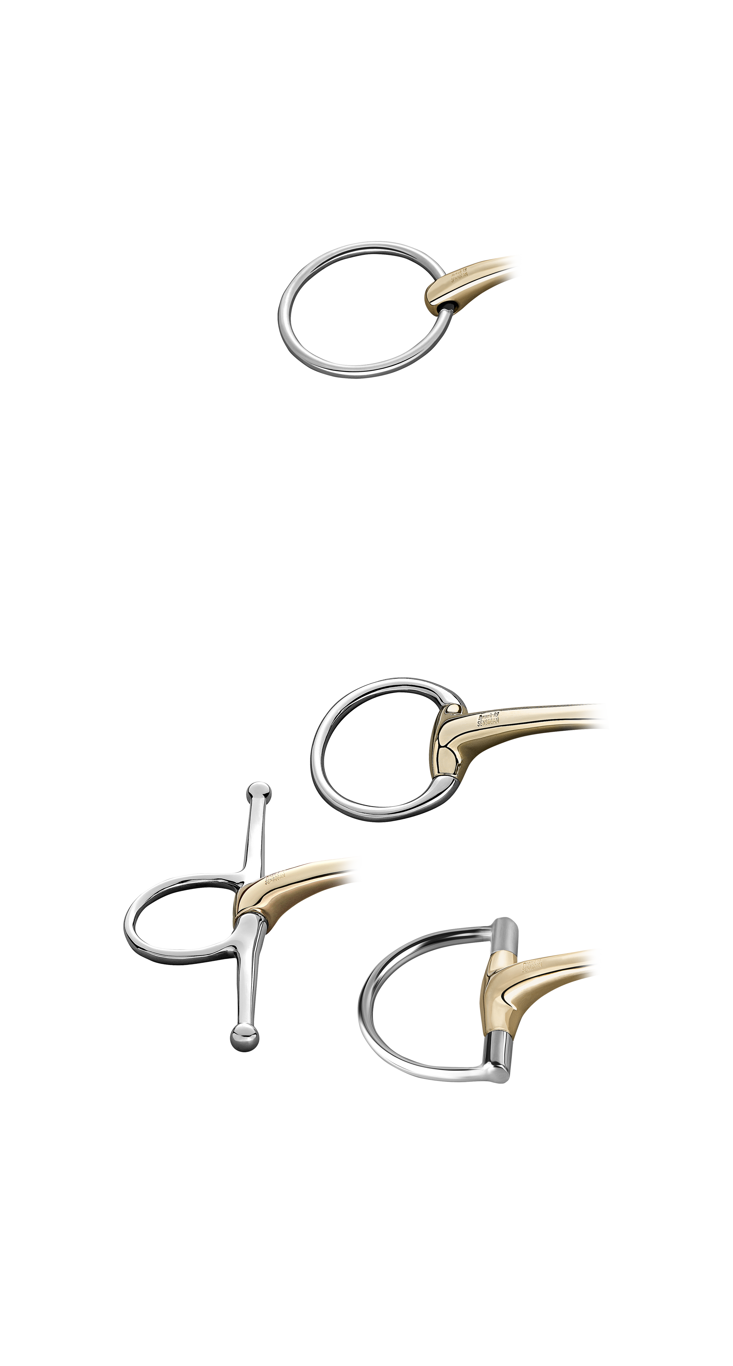 Eine Darstellung von verschiedenen Schmuckelementen in Silber und Gold, einschließlich eines geschlossenen Rings und dreier variierender Schmuckstücke mit goldenen und silbernen Akzenten. Die Objekte sind auf einem weißen Hintergrund angeordnet.
