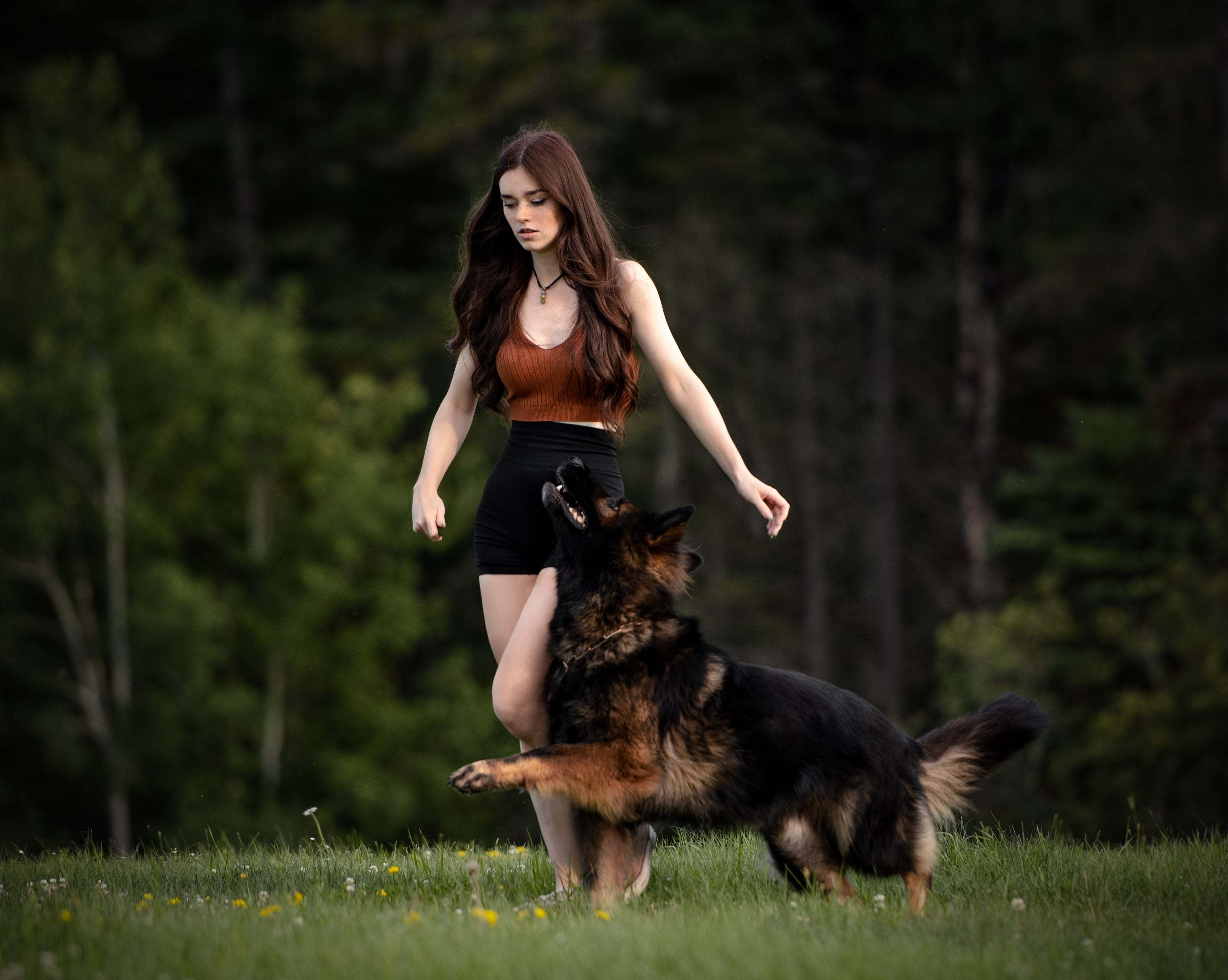Frau mit Hund auf einer Wiese