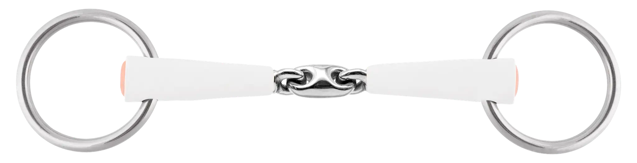 Zwei silberne Stahlringe mit einer Verbindung zwischen ihnen, die aus einer weißen, flexiblen Kunststoffschnur besteht. Die Verbindung hat einen kleinen, massiven Metallteil in der Mitte, der die beiden Ringe miteinander verbindet. Das Bild zeigt das Zubehörteil von oben, auf hellem, einfarbigem Hintergrund.