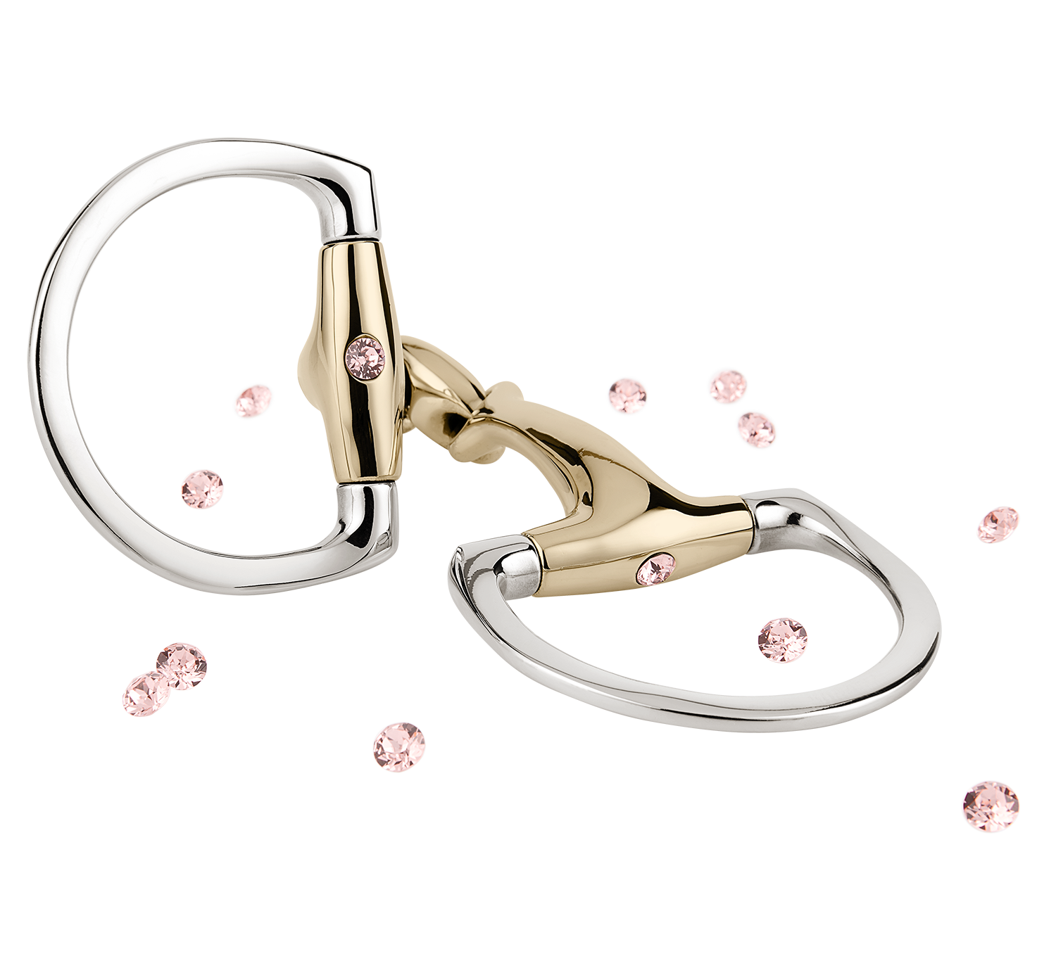 Ein eleganter, metallischer Karabinerhaken, kombiniert aus glänzendem Silber und goldfarbenem Material, liegt auf einer hellen Oberfläche. Um den Haken verstreut sind kleine, rosa Funken, die an Schmucksteine erinnern. Der Karabinerhaken hat kleine, rosa Steine integriert, die ihm einen glanzvollen Akzent verleihen.